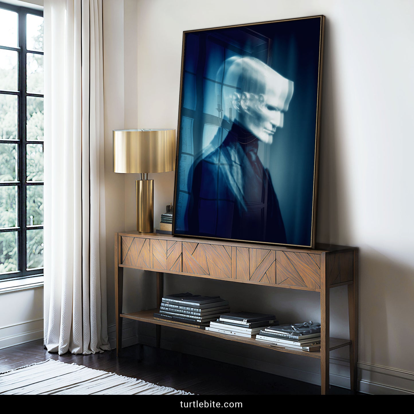 Creepy ghost wall art featuring a pale blurred figure in formal wear, cinematic horror print
