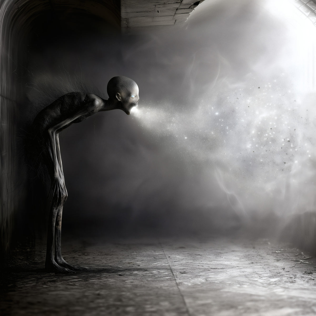Creepy creature art poster of a gaunt gray figure exhaling light in an abandoned hallway