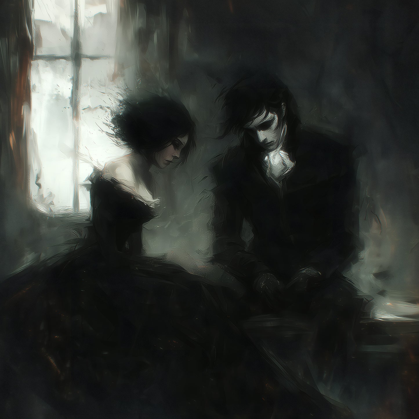 Gothic couple sitting together in dark atmospheric room with window light creating moody romantic painting