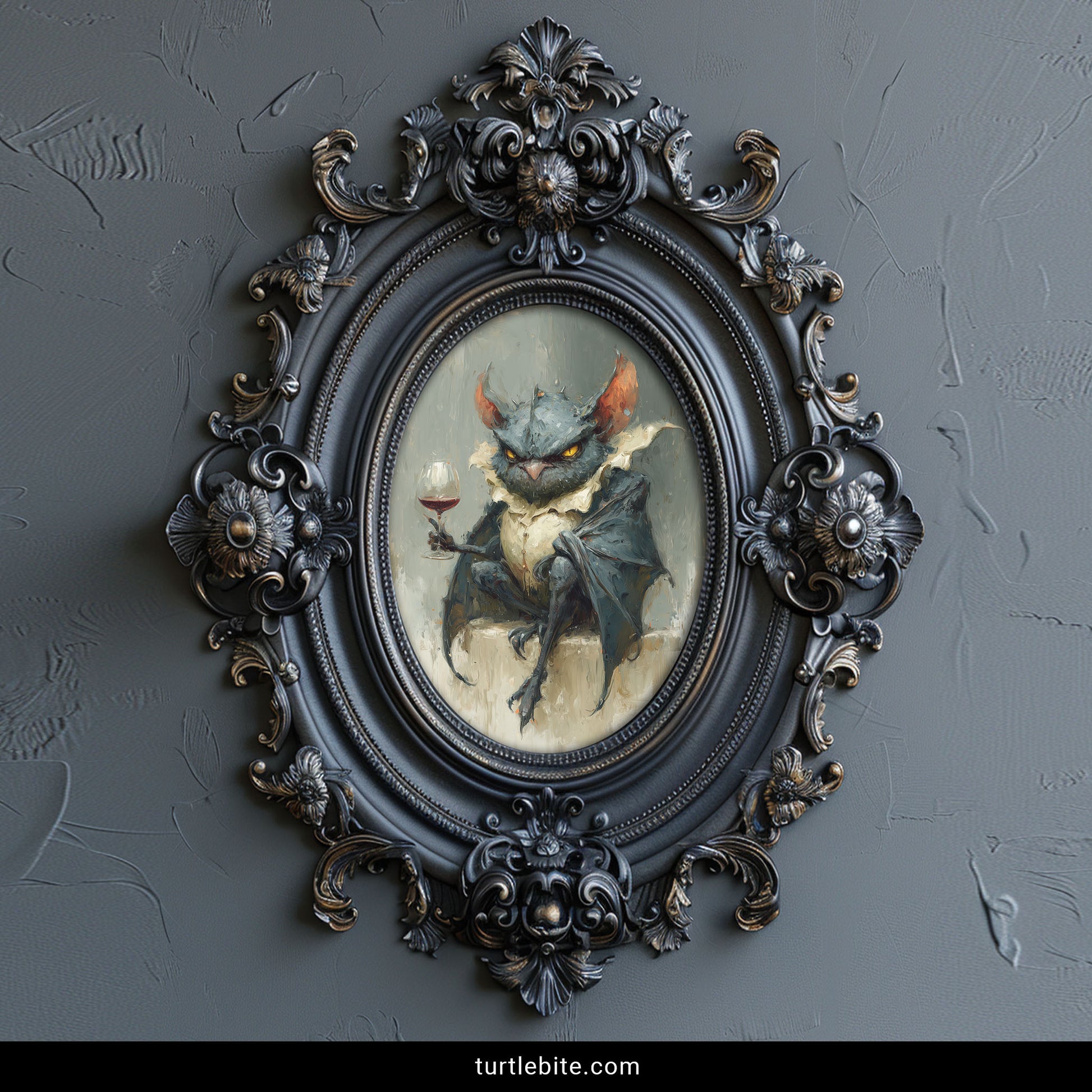 Quirky gothic home decor print of bizarre owl bat creature with fierce expression and wine glass