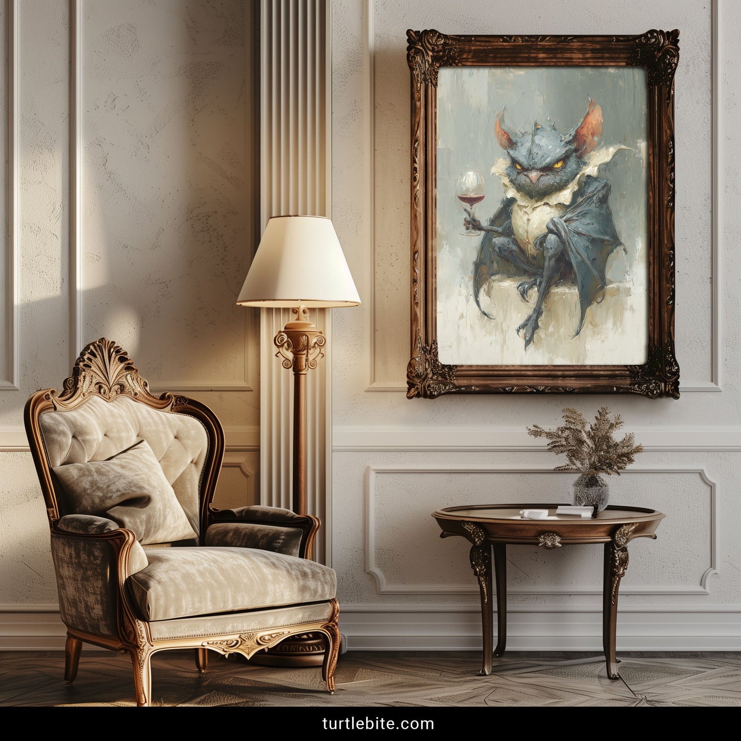 Whimsigoth moody painting of creepy cute bat owl hybrid in blue gray tones with wine