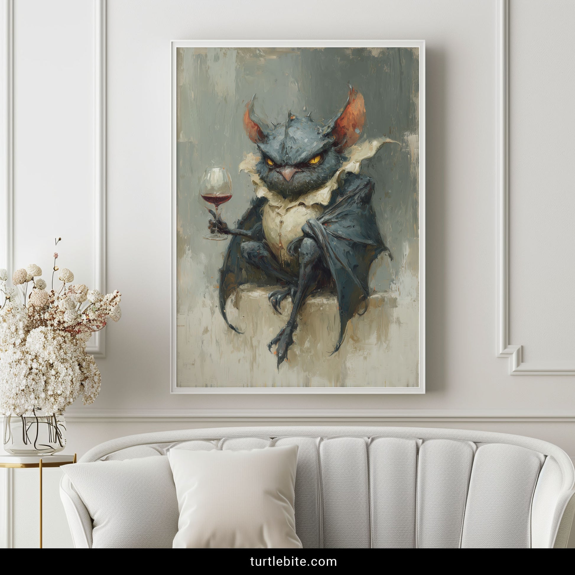 Dark humor wall art showing surreal bat-eared owl with amber eyes drinking red wine