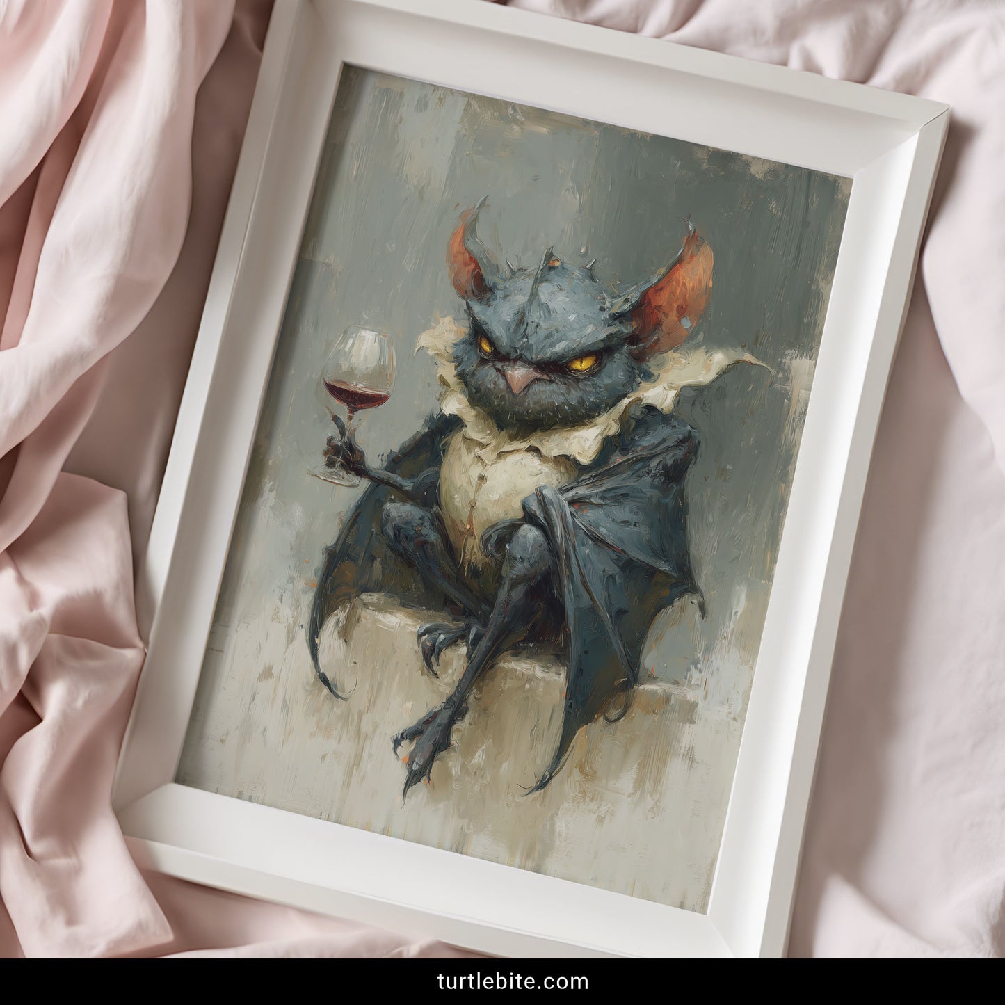 Whimsigoth moody painting of creepy cute bat owl hybrid in blue gray tones with wine