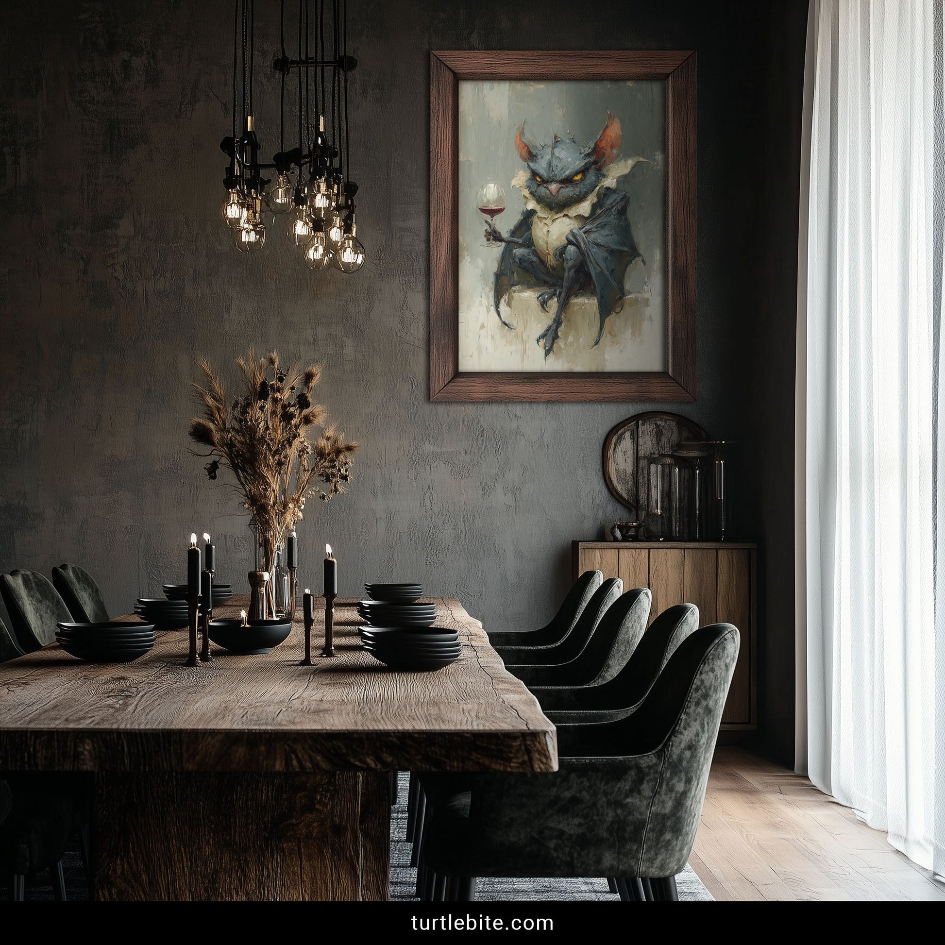 Surreal animal art poster showing grumpy feathered bat hybrid holding red wine in painterly style