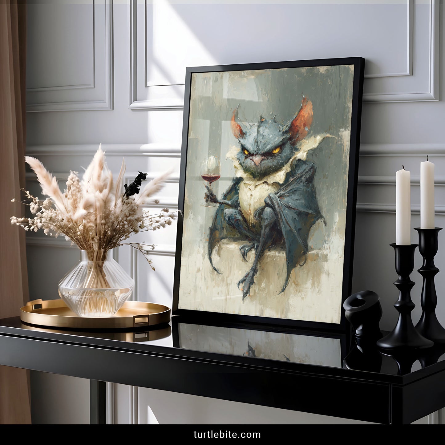 Surreal animal art poster showing grumpy feathered bat hybrid holding red wine in painterly style