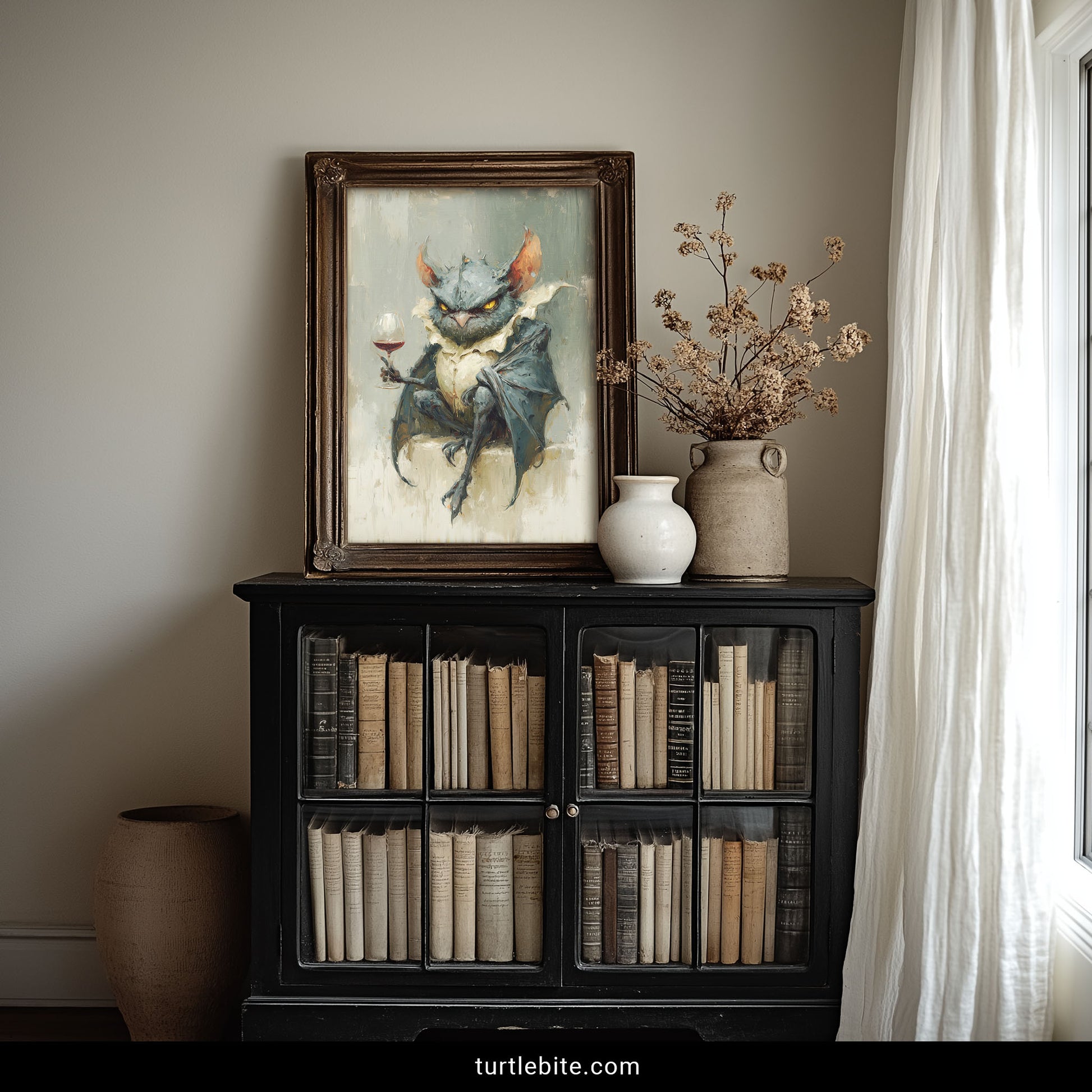 Quirky gothic home decor print of bizarre owl bat creature with fierce expression and wine glass