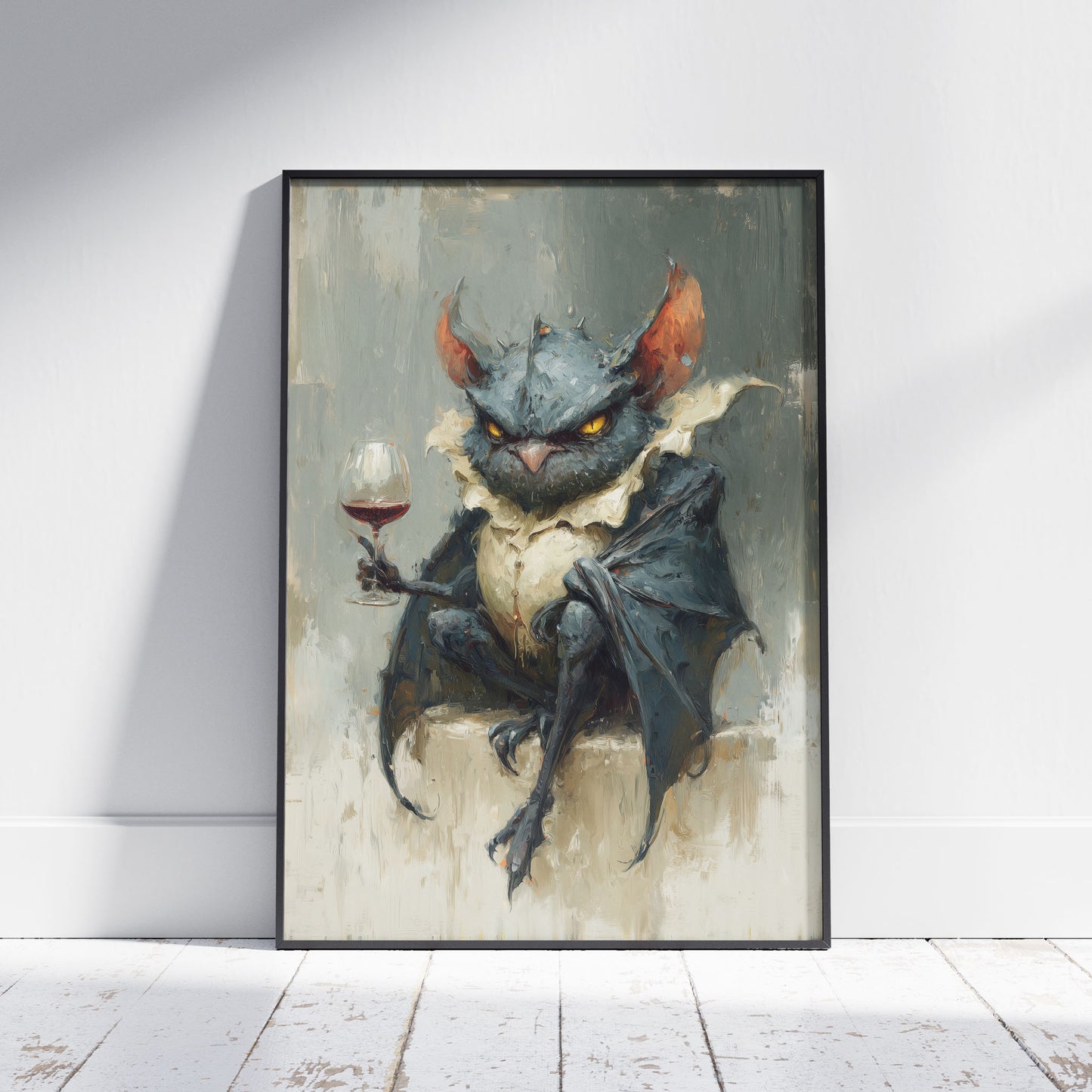 Gothic art print featuring grumpy bat owl hybrid creature holding wine glass with moody brushwork