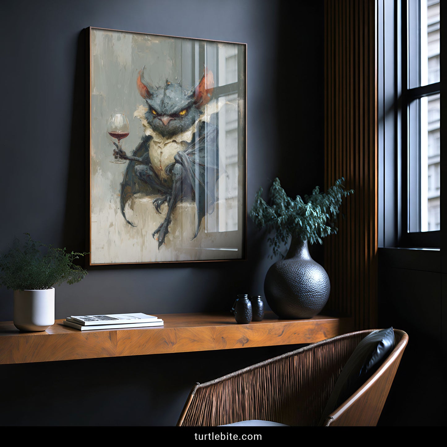 Dark humor wall art showing surreal bat-eared owl with amber eyes drinking red wine