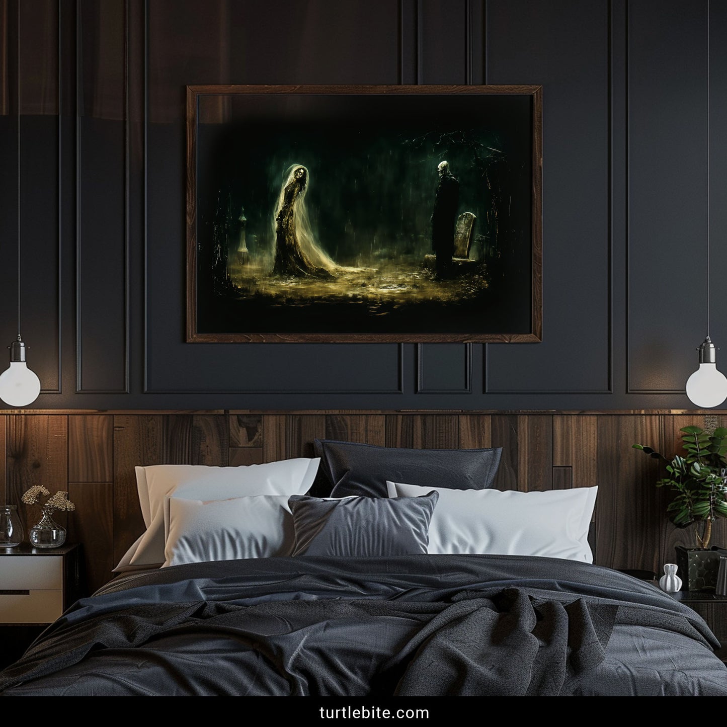 Macabre cemetery art print showing two skeletal spirits among tombstones in atmospheric Victorian horror scene