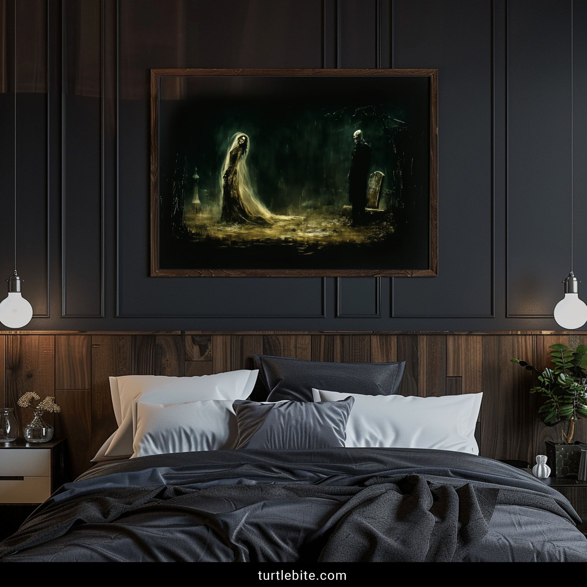 Macabre cemetery art print showing two skeletal spirits among tombstones in atmospheric Victorian horror scene