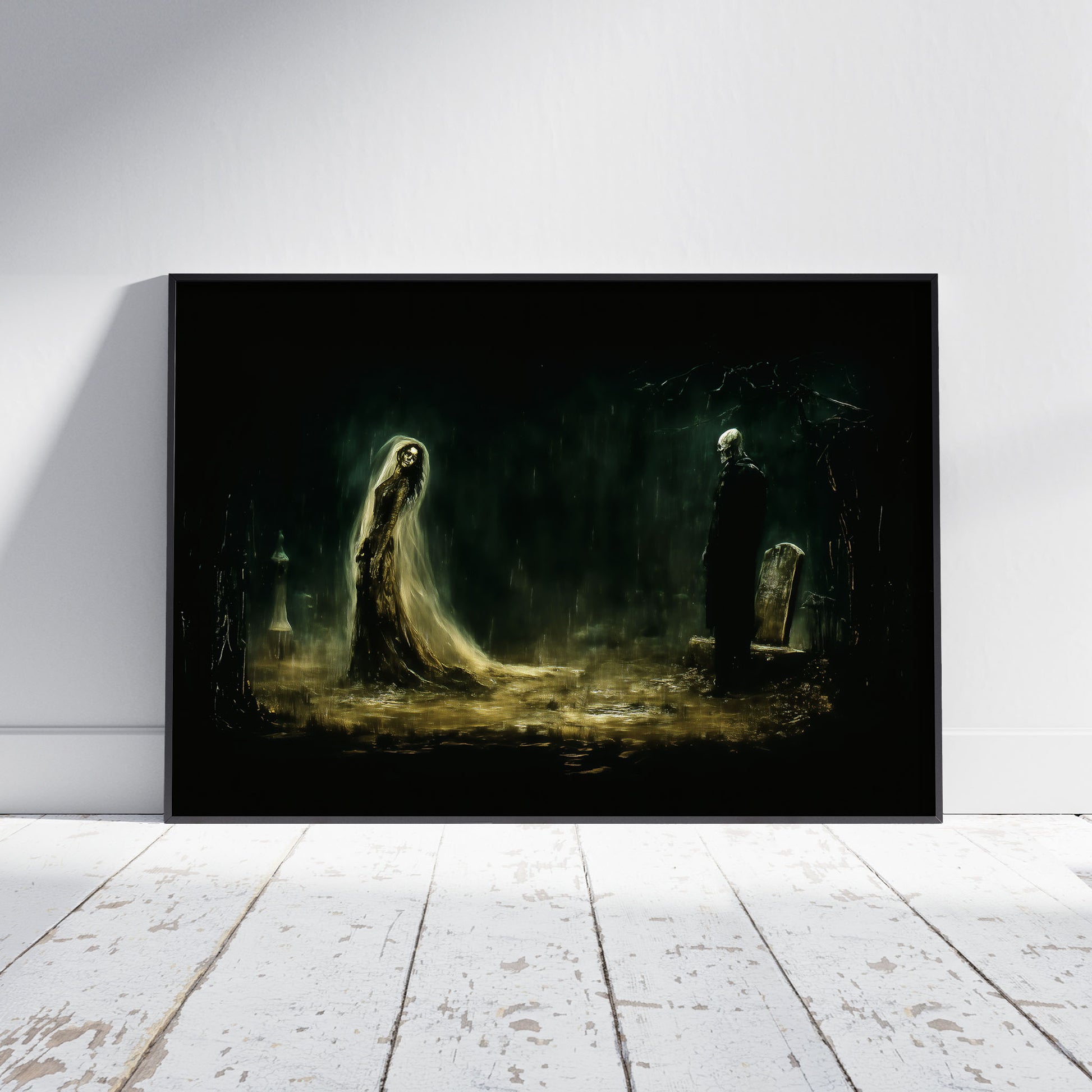 Gothic skeleton ghost figures in flowing shrouds standing in misty rainy graveyard with glowing green fog