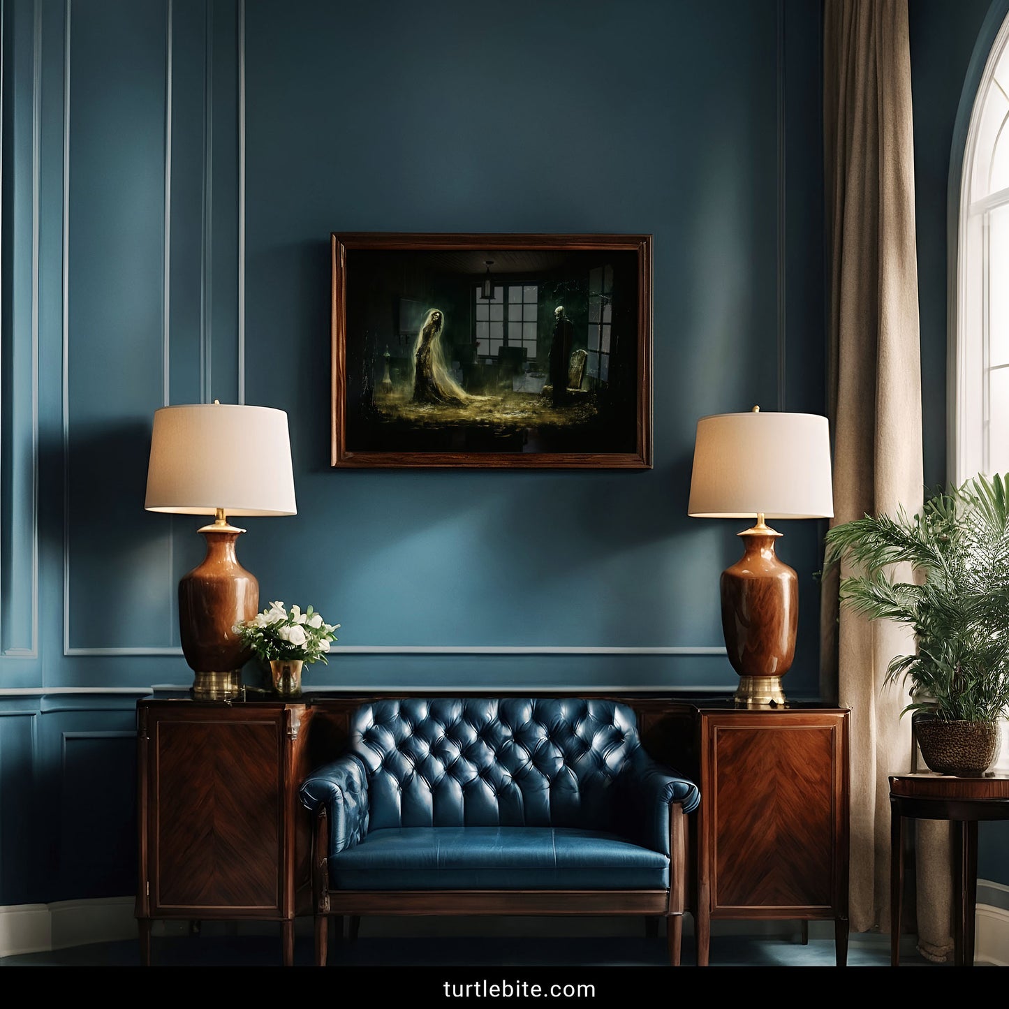 Dark moody graveyard poster with skeleton ghosts in golden veils under rain in eerie green cemetery