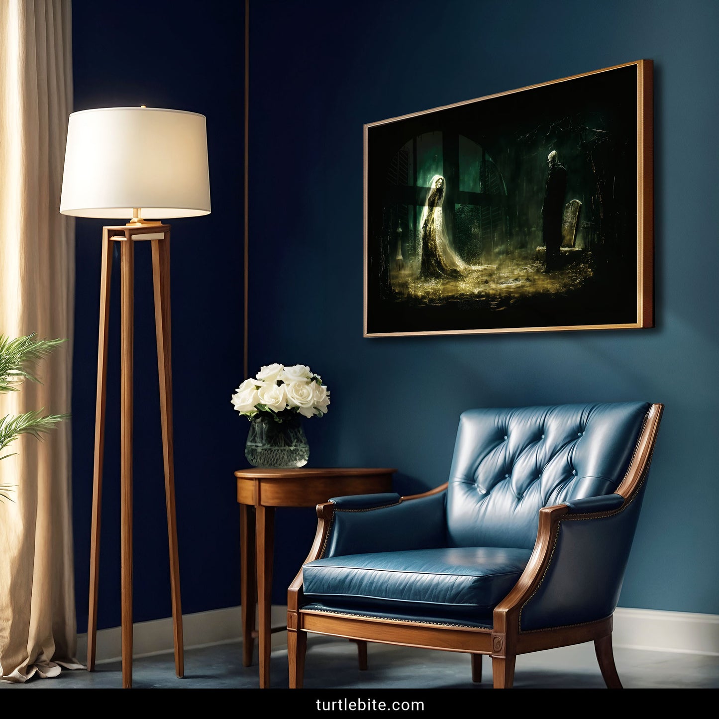 Memento mori wall art depicting haunting skeleton figures in shrouds walking through foggy tombstone landscape