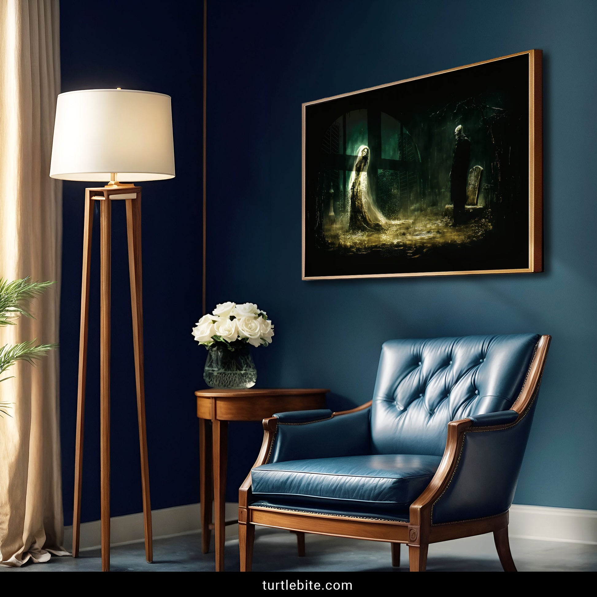 Memento mori wall art depicting haunting skeleton figures in shrouds walking through foggy tombstone landscape