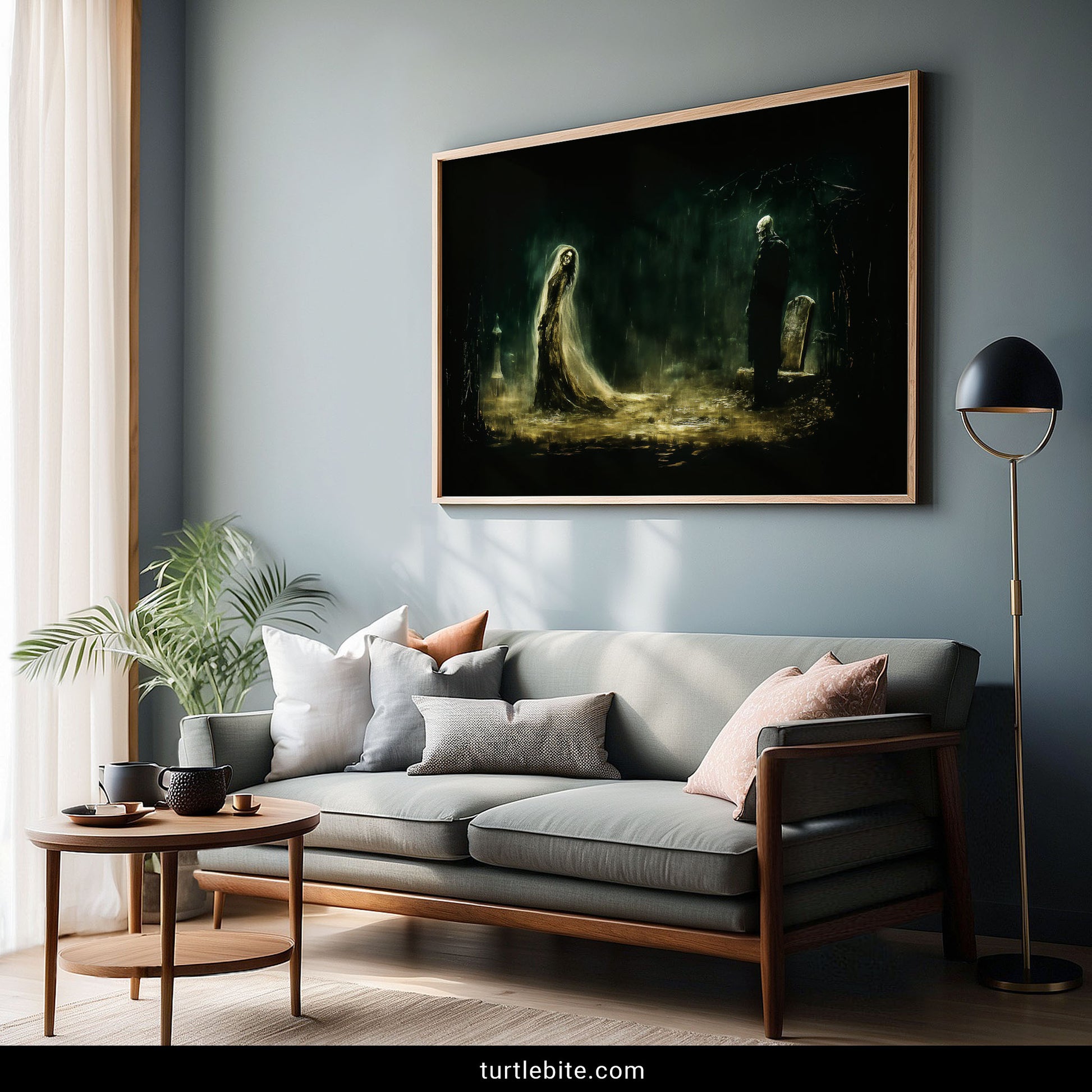 Spooky gothic cemetery print with ethereal skeleton spirits in rainy graveyard with atmospheric horror lighting