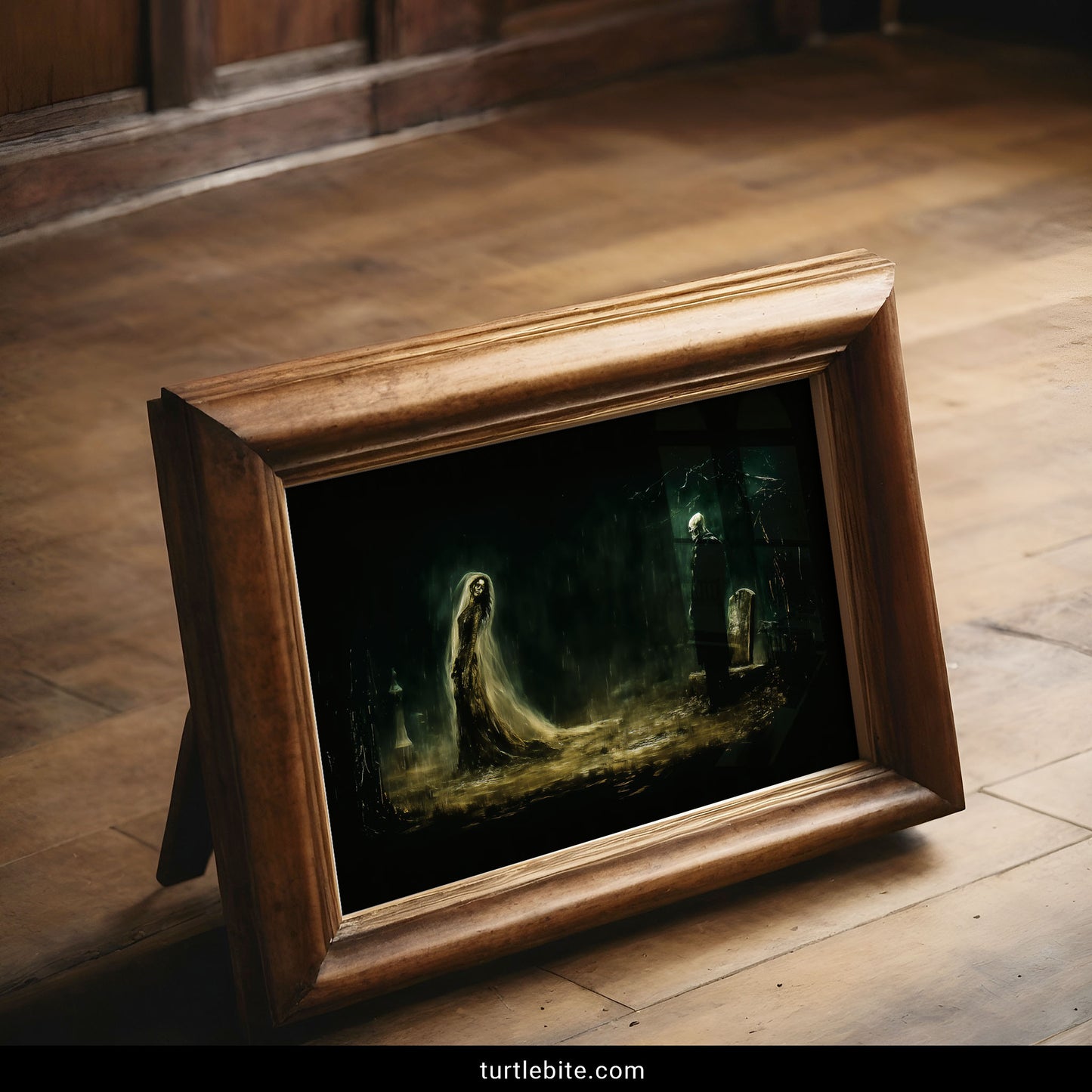 Spooky gothic cemetery print with ethereal skeleton spirits in rainy graveyard with atmospheric horror lighting