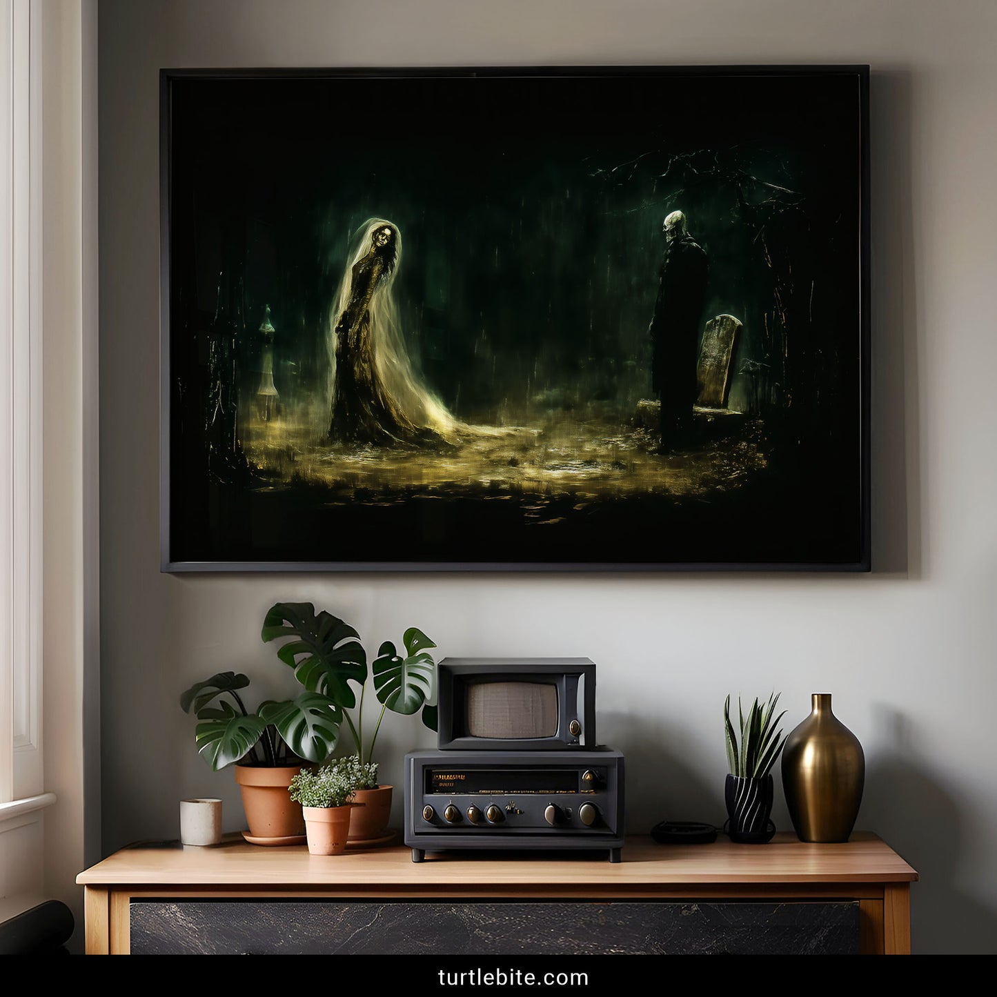 Memento mori wall art depicting haunting skeleton figures in shrouds walking through foggy tombstone landscape
