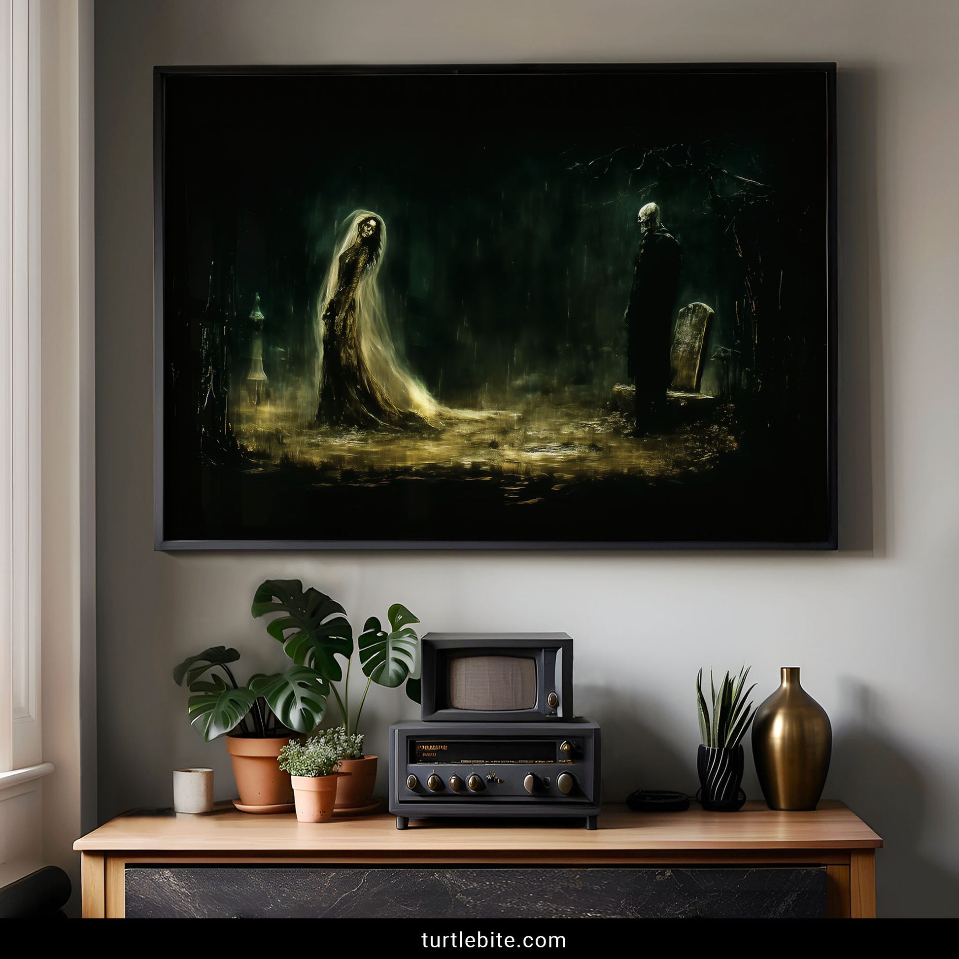 Memento mori wall art depicting haunting skeleton figures in shrouds walking through foggy tombstone landscape
