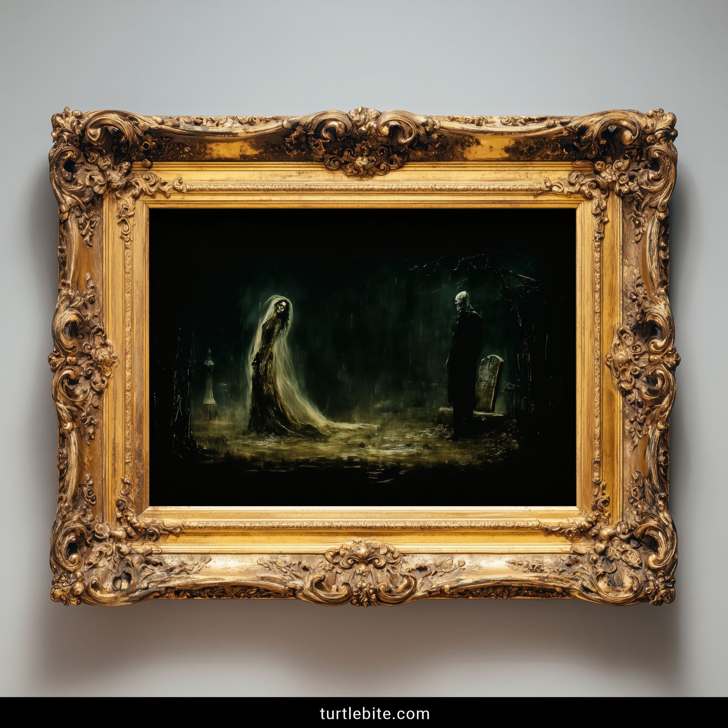Macabre cemetery art print showing two skeletal spirits among tombstones in atmospheric Victorian horror scene