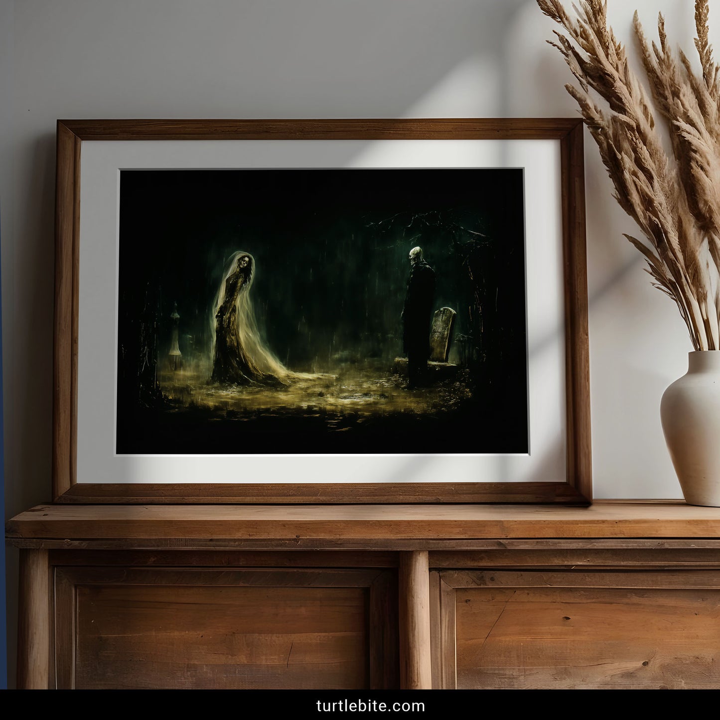 Dark moody graveyard poster with skeleton ghosts in golden veils under rain in eerie green cemetery