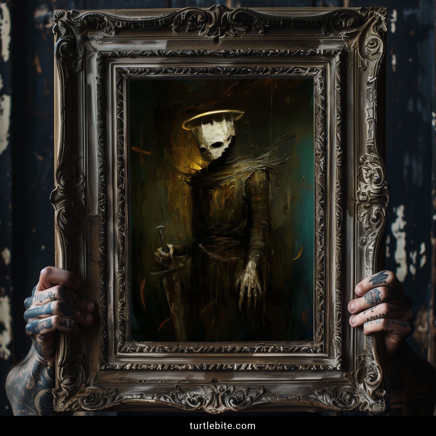 Gothic skeletal warrior in black cape holding staff memento mori wall art