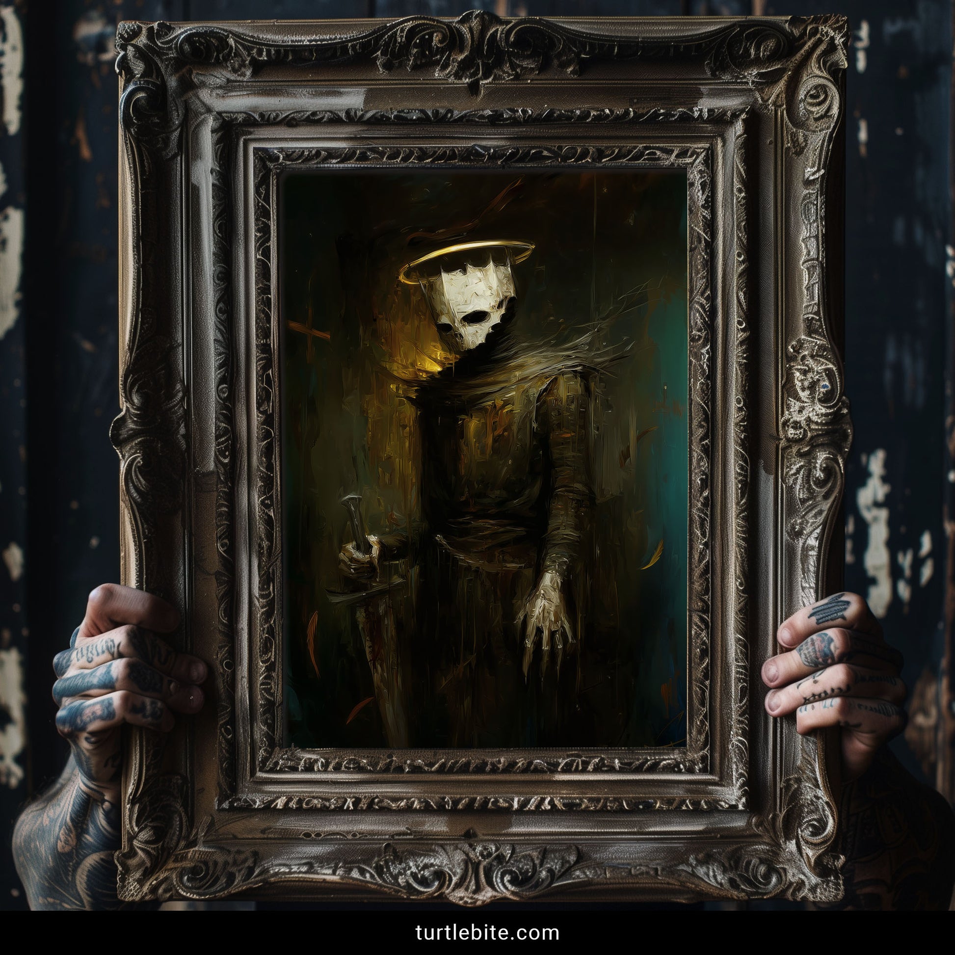 Gothic skeletal warrior in black cape holding staff memento mori wall art