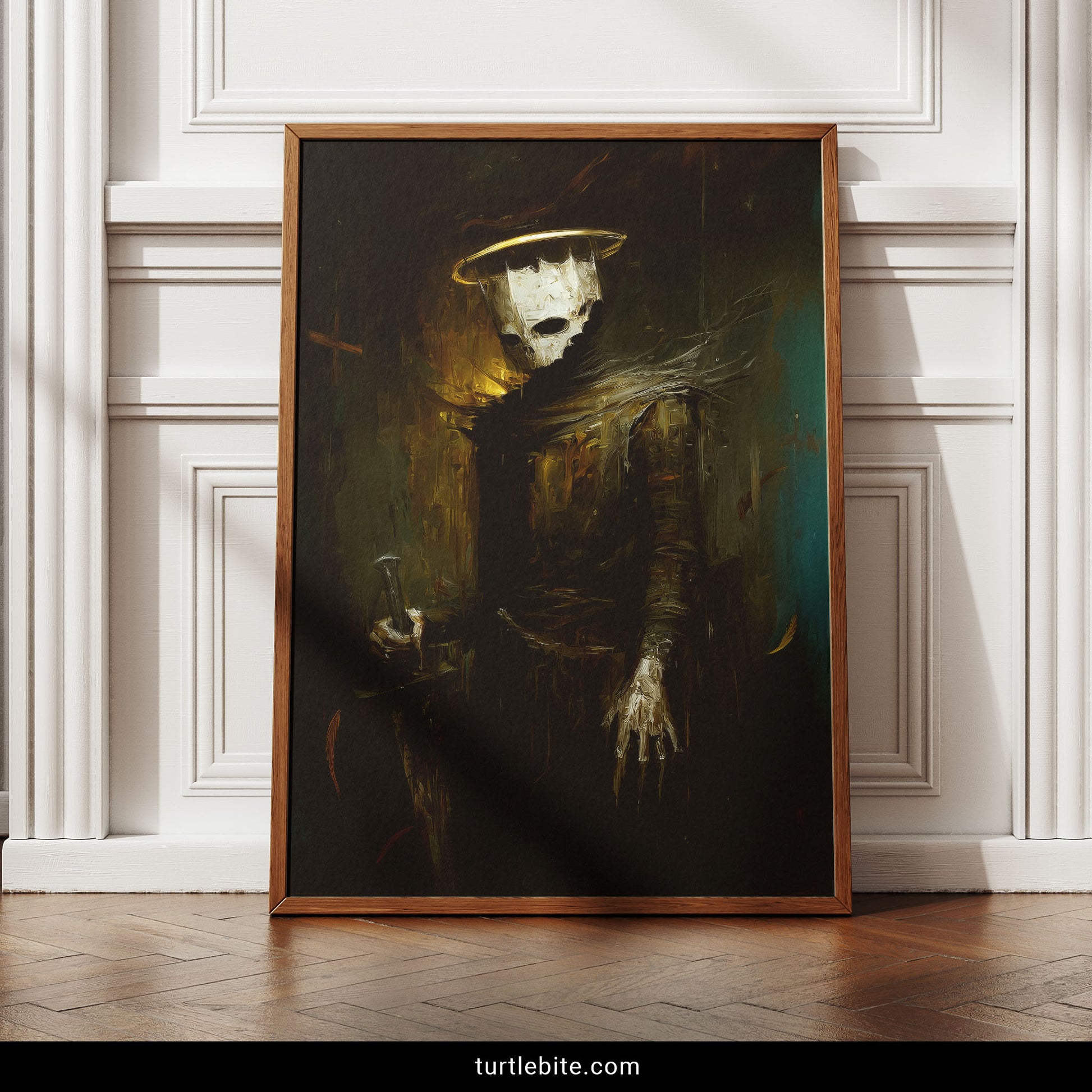 Dark angel medieval knight skeleton poster with halo gothic home decor art