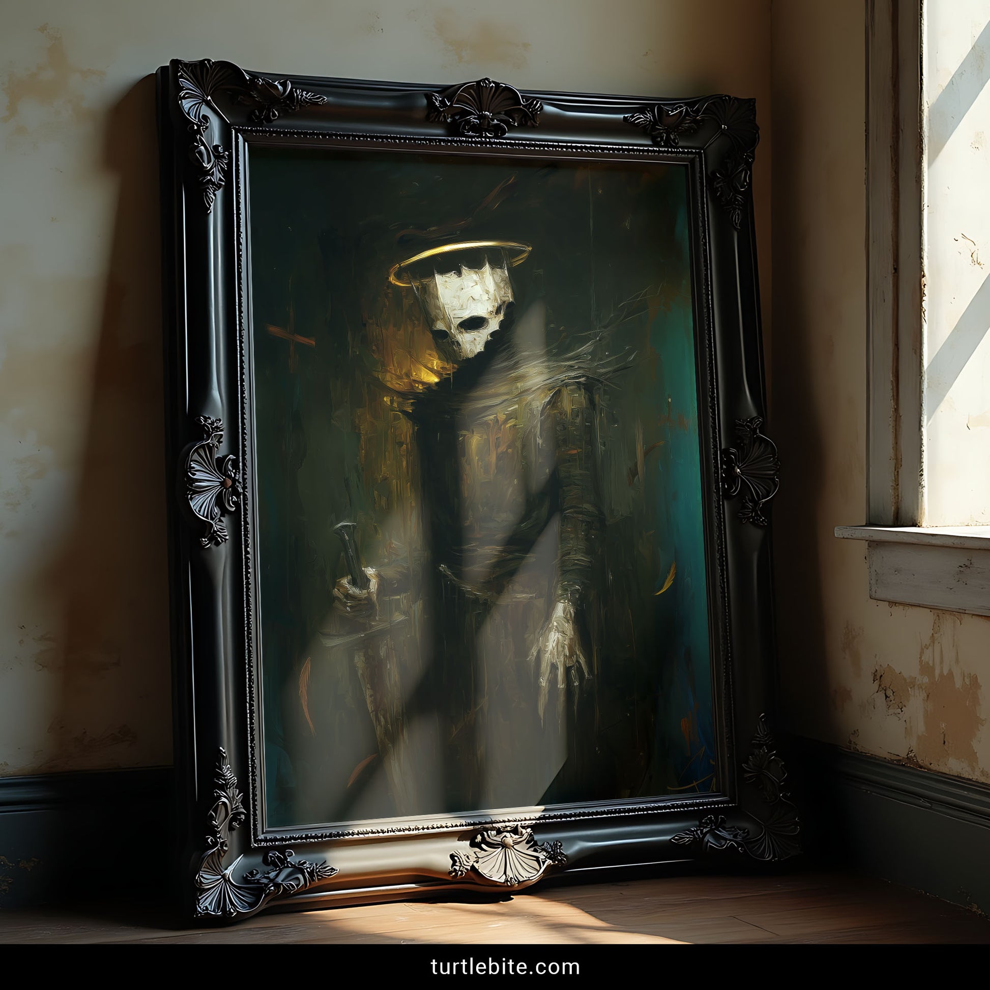 Skeletal knight in armor with halo macabre baroque painting style horror poster