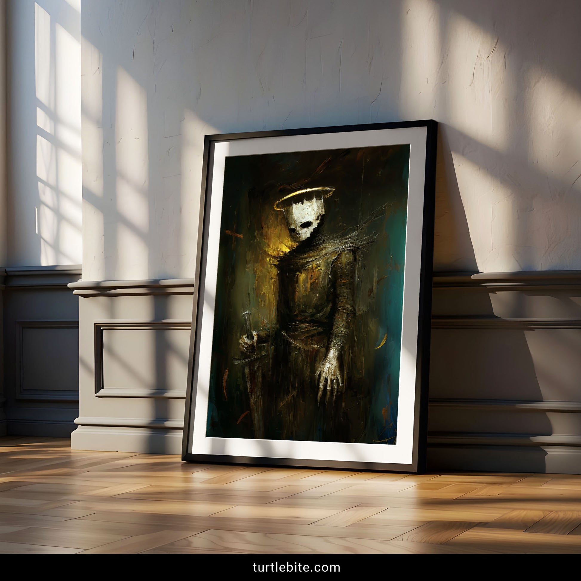 Gothic skeletal warrior in black cape holding staff memento mori wall art