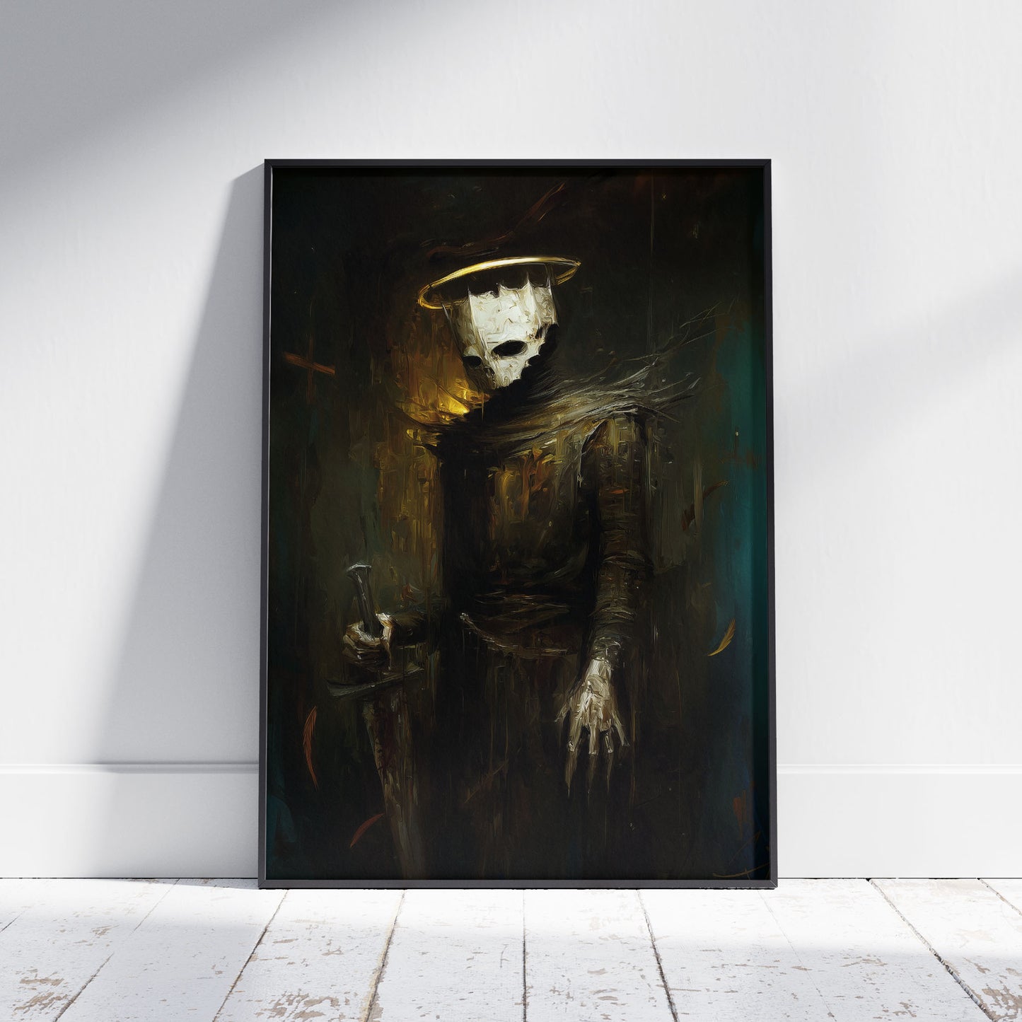 Gothic art medieval knight skeleton with golden halo memento mori dark wall decor