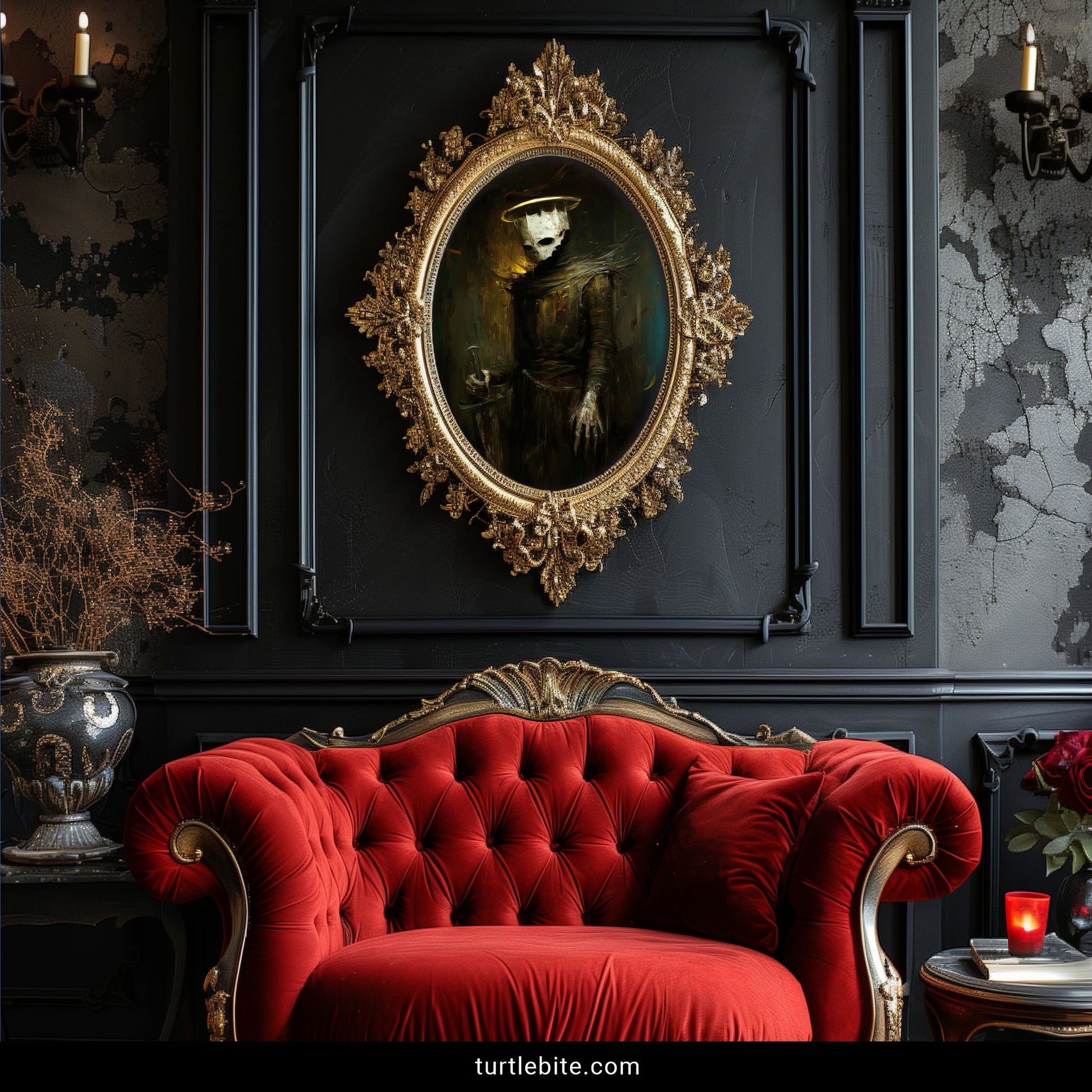 Skeletal knight in armor with halo macabre baroque painting style horror poster