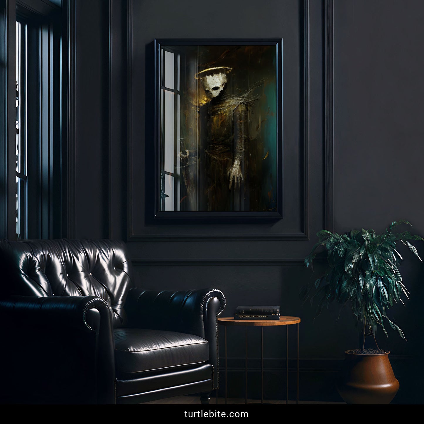 Medieval knight skeleton dark angel art print with moody atmospheric background