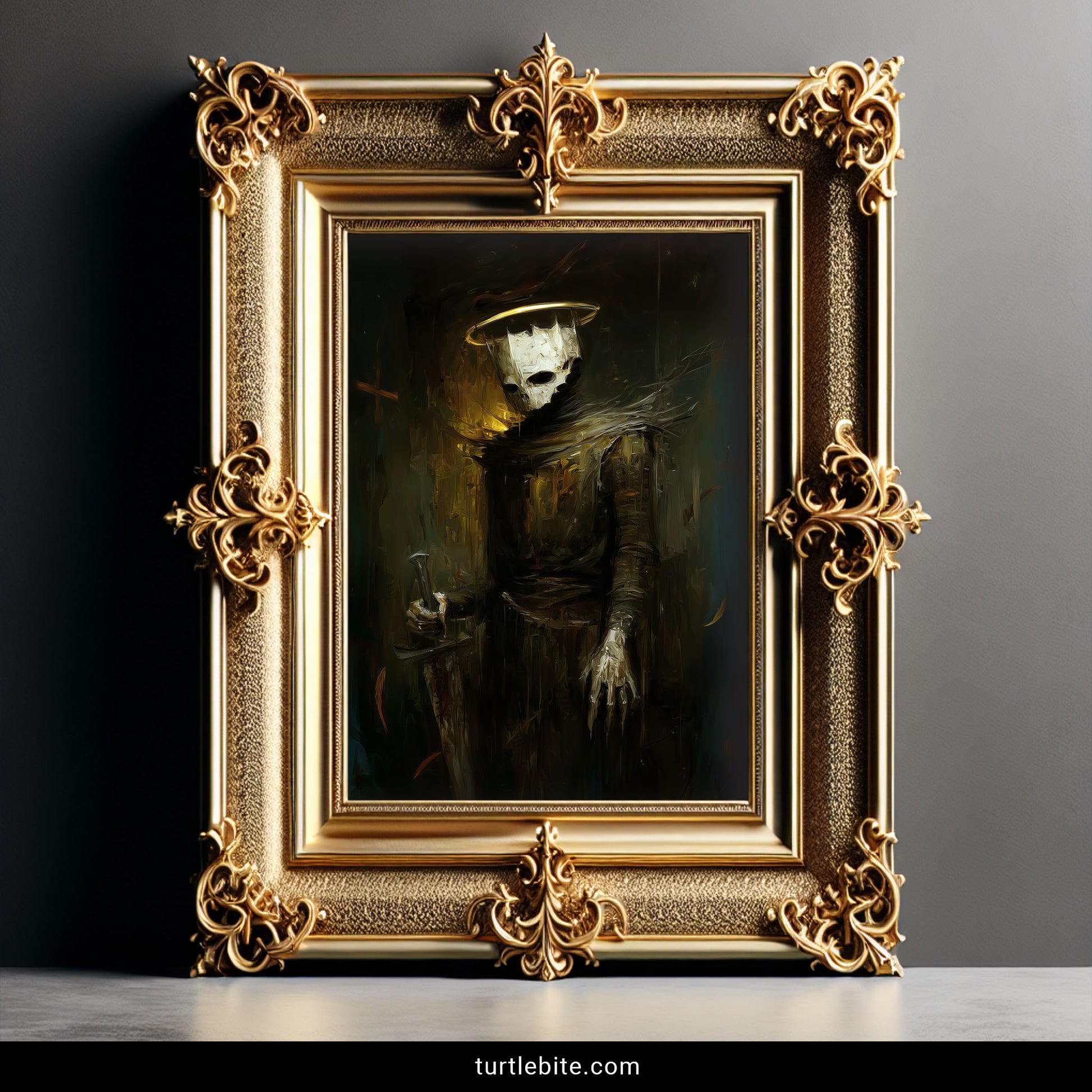 Medieval knight skeleton dark angel art print with moody atmospheric background