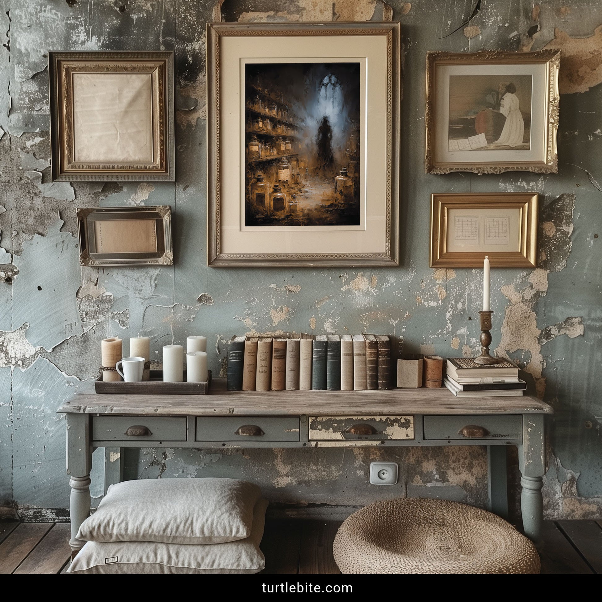 Dark academia wall art depicting supernatural alchemist in haunting laboratory filled with luminous specimen jars and ethereal blue light