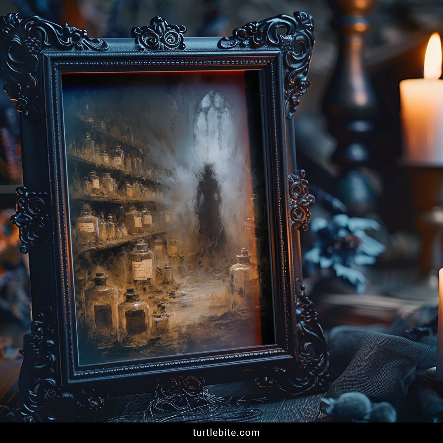 Victorian occult poster showing shadowy apothecary surrounded by amber glass bottles containing preserved souls in eerie gothic laboratory