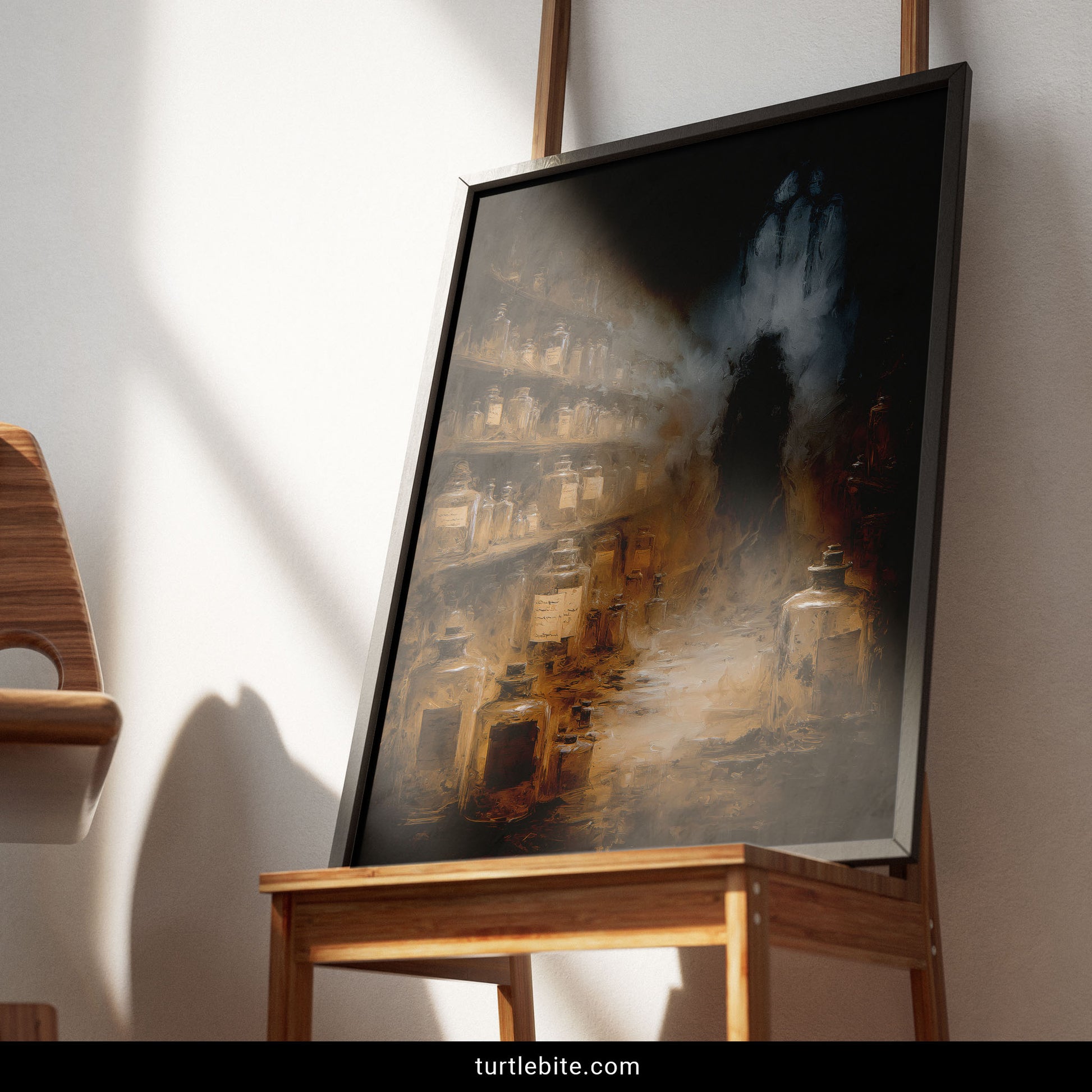 Surreal dark art poster showing atmospheric alchemy lab where hooded figure stands among countless amber bottles preserving captured souls