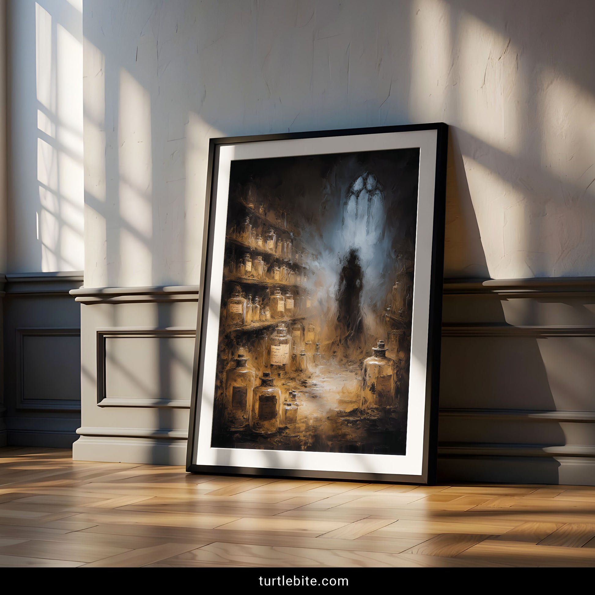 Surreal dark art poster showing atmospheric alchemy lab where hooded figure stands among countless amber bottles preserving captured souls