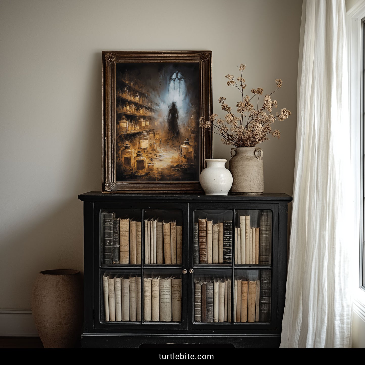 Macabre horror print of gothic soul collection laboratory with hundreds of glowing bottles on shelves and mysterious cloaked practitioner