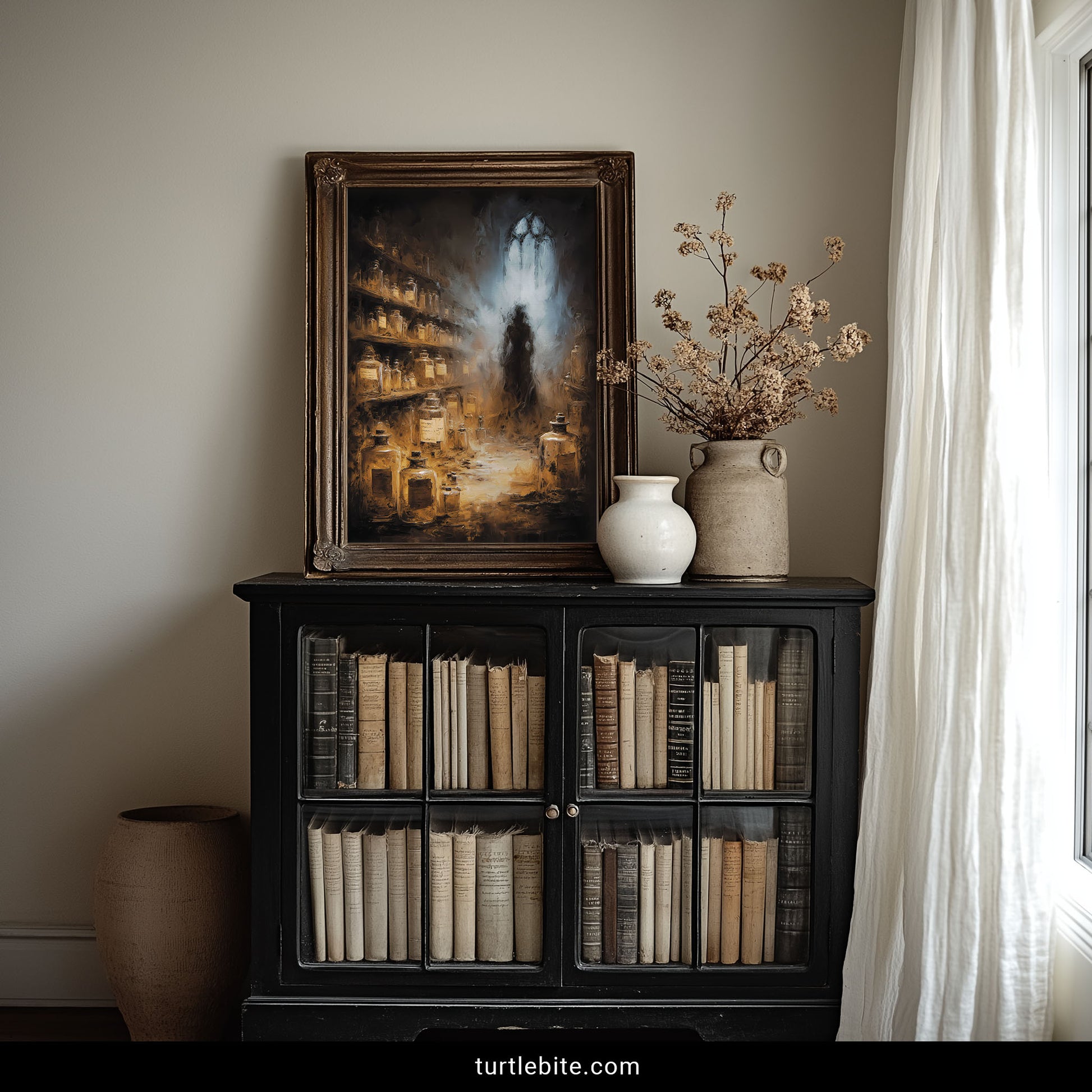 Macabre horror print of gothic soul collection laboratory with hundreds of glowing bottles on shelves and mysterious cloaked practitioner