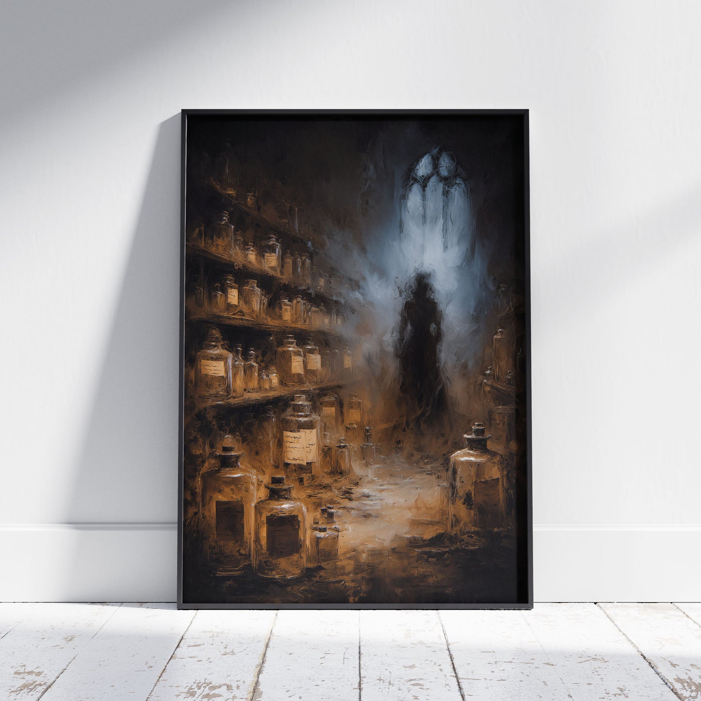 Gothic art print featuring dark alchemy laboratory with glowing soul bottles and mysterious hooded figure in atmospheric mist
