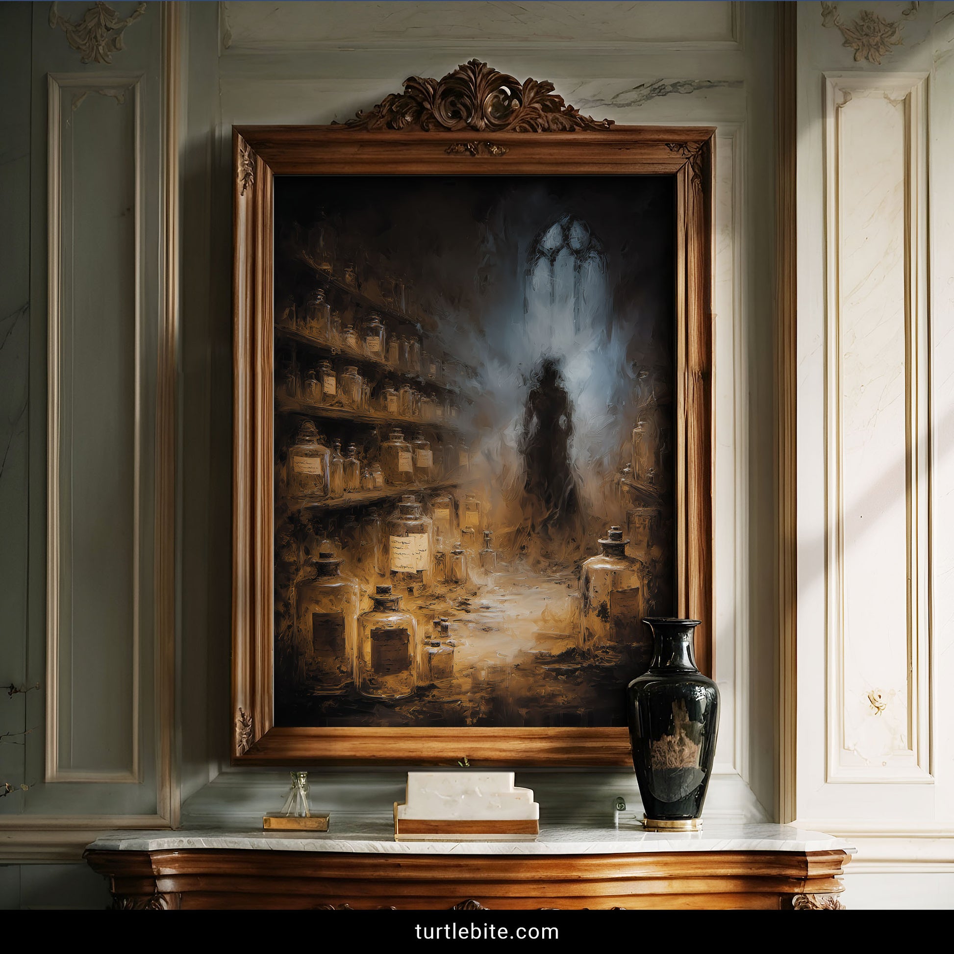 Dark academia wall art depicting supernatural alchemist in haunting laboratory filled with luminous specimen jars and ethereal blue light