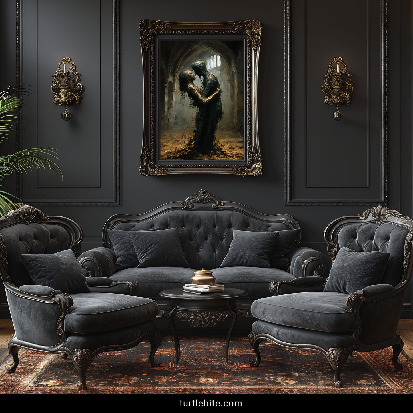 Mysterious moody painting of romantic couple in decaying church interior with baroque architecture and dramatic shadows