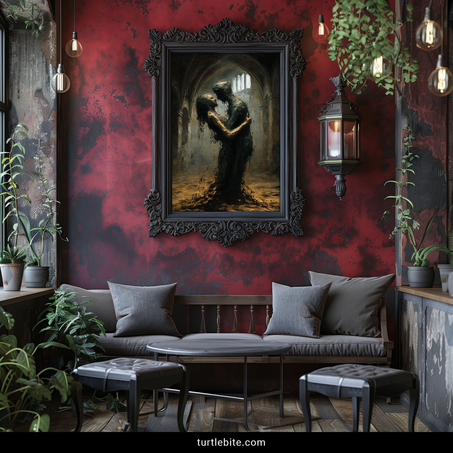 Dark academia poster featuring cathedral romance scene with painterly style and whimsigoth aesthetic