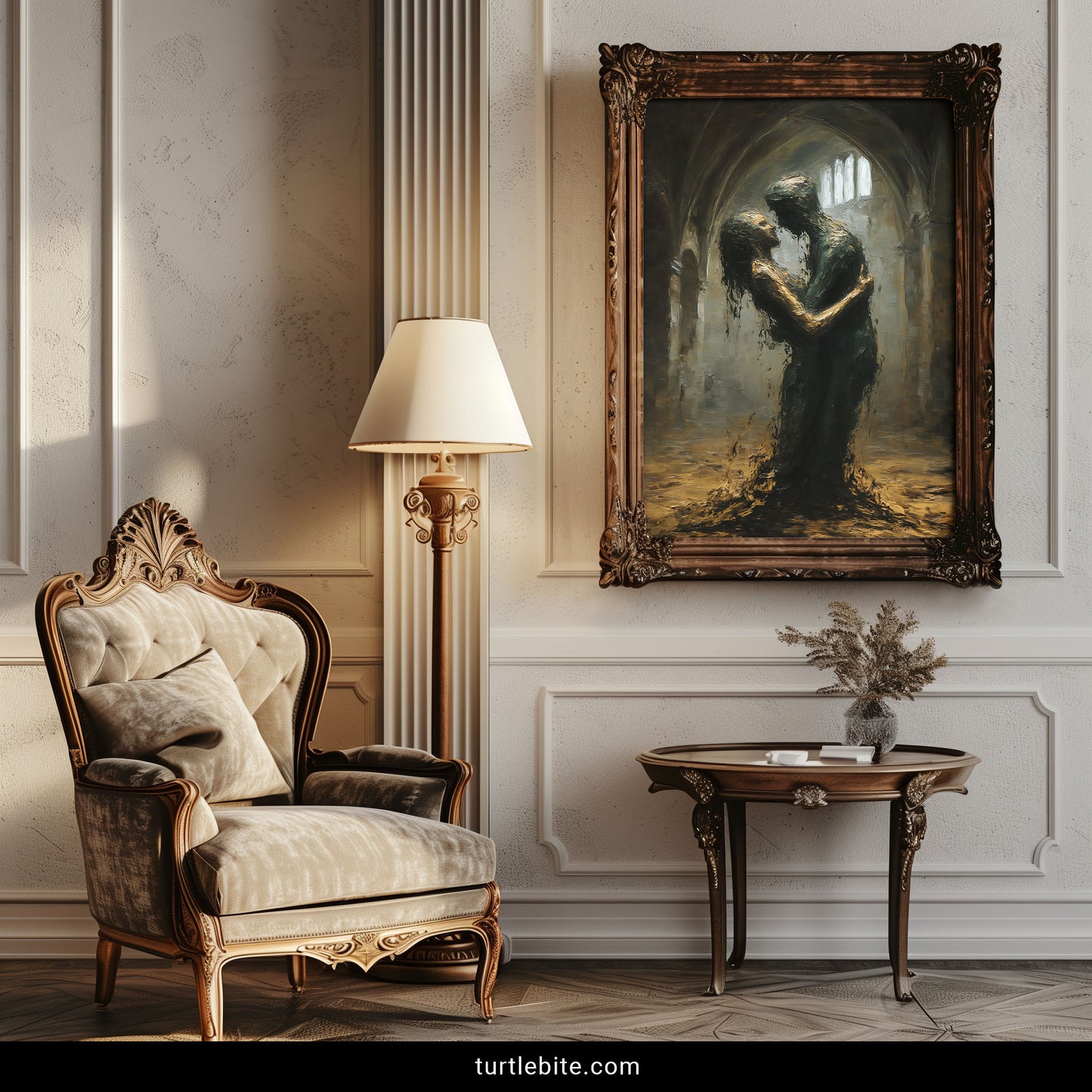 Dark academia poster featuring cathedral romance scene with painterly style and whimsigoth aesthetic