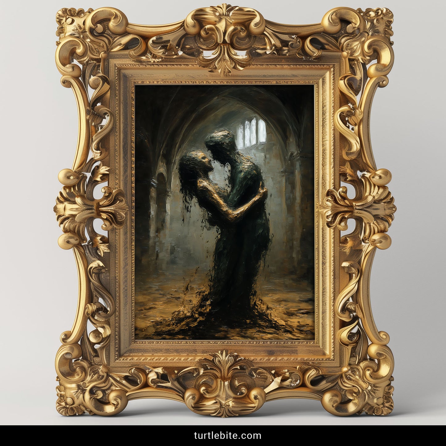 Mysterious moody painting of romantic couple in decaying church interior with baroque architecture and dramatic shadows