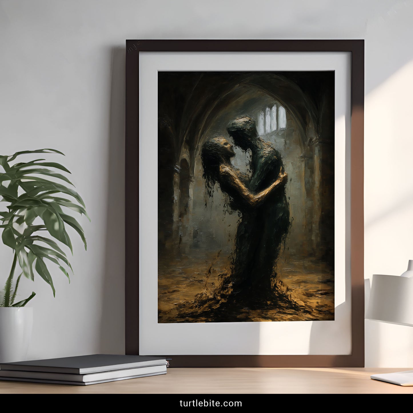 Victorian print style artwork depicting lovers in shadowy gothic chapel with stained glass and crumbling arches
