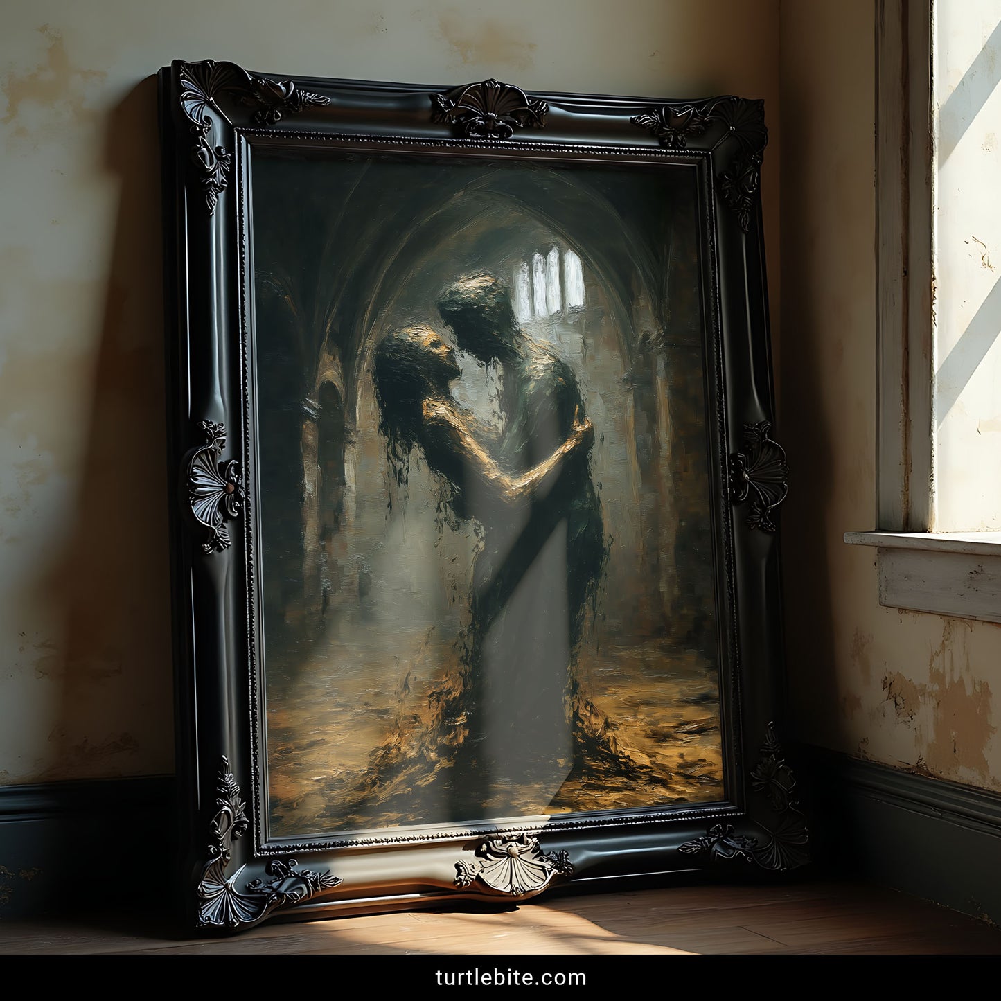 Victorian print style artwork depicting lovers in shadowy gothic chapel with stained glass and crumbling arches