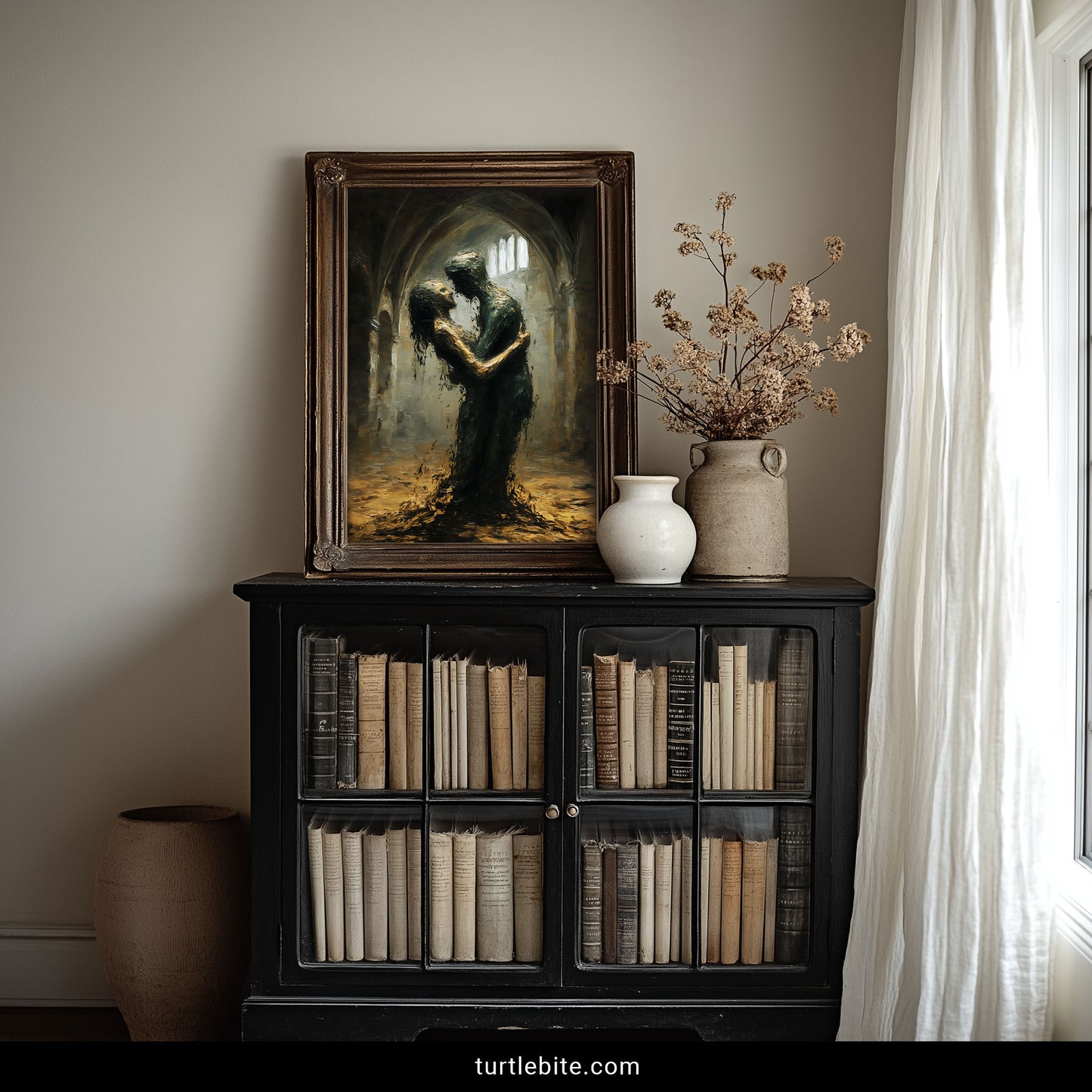 Sinister romance wall art showing silhouetted figures in abandoned cathedral with horror decor aesthetic