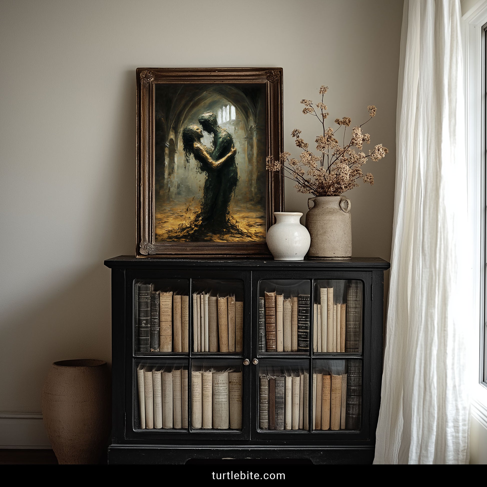 Sinister romance wall art showing silhouetted figures in abandoned cathedral with horror decor aesthetic