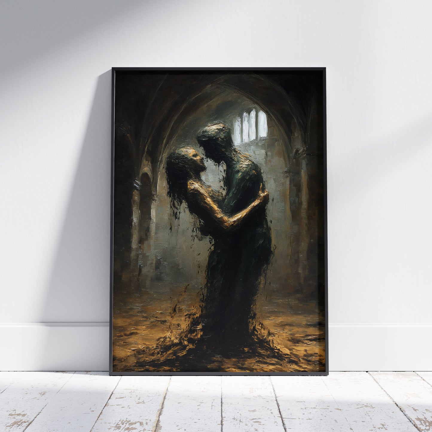 Gothic art print showing two figures embracing in dark cathedral with golden light through arched windows